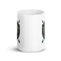 Ceramic mug with archery-themed logo.
