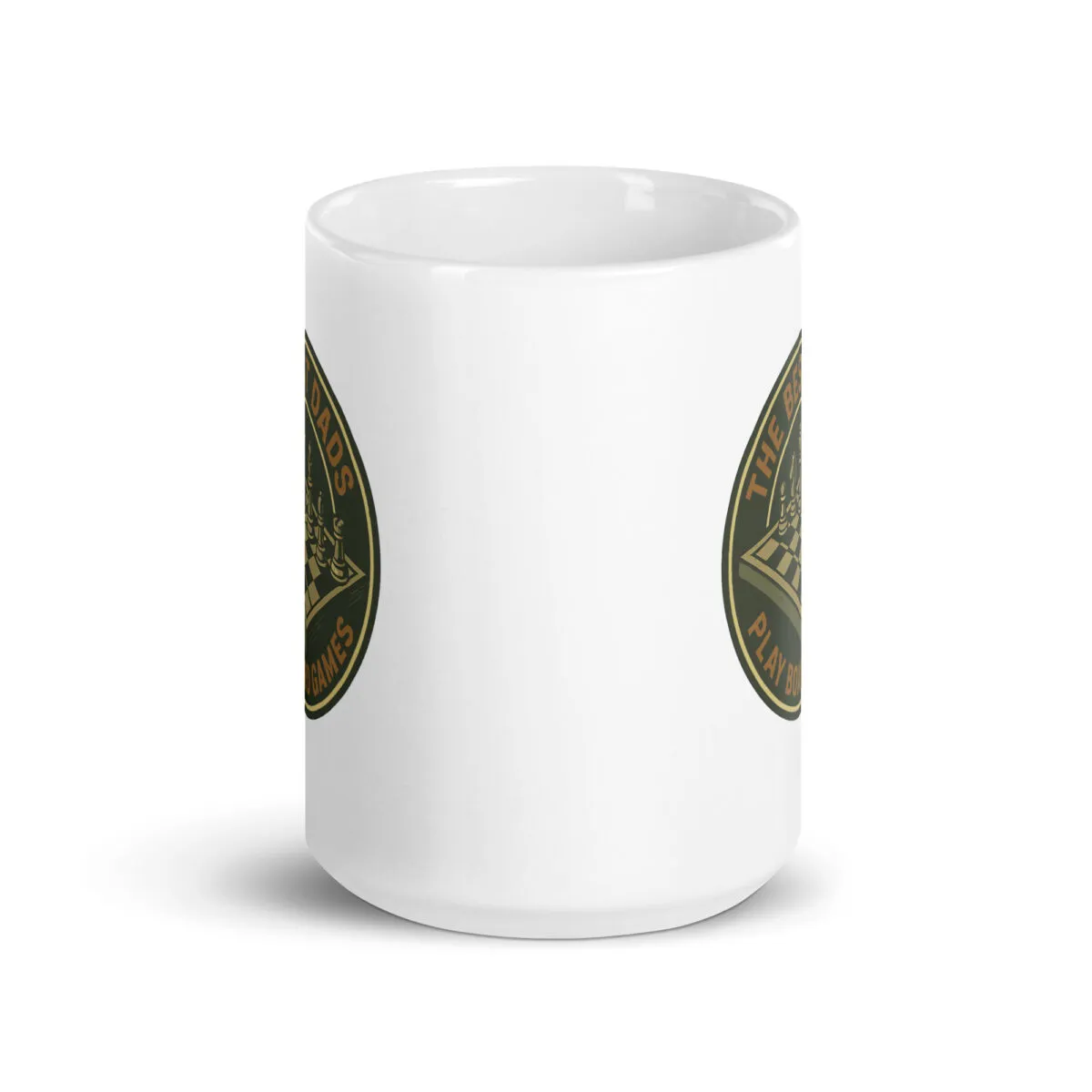 White mug with chess-themed logo