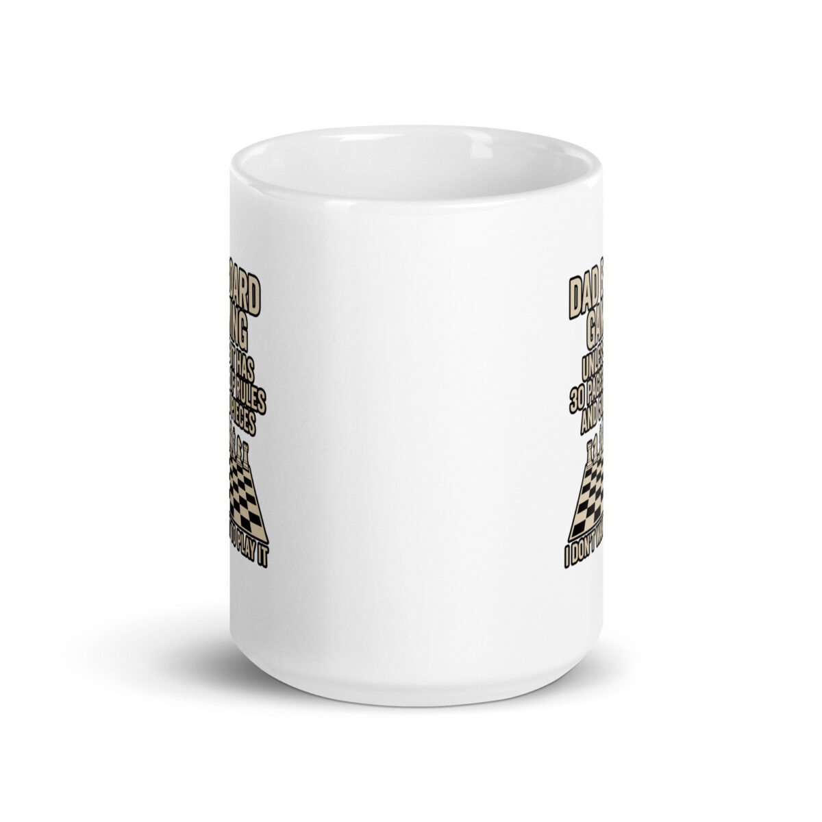 White mug with humorous chess-themed text.