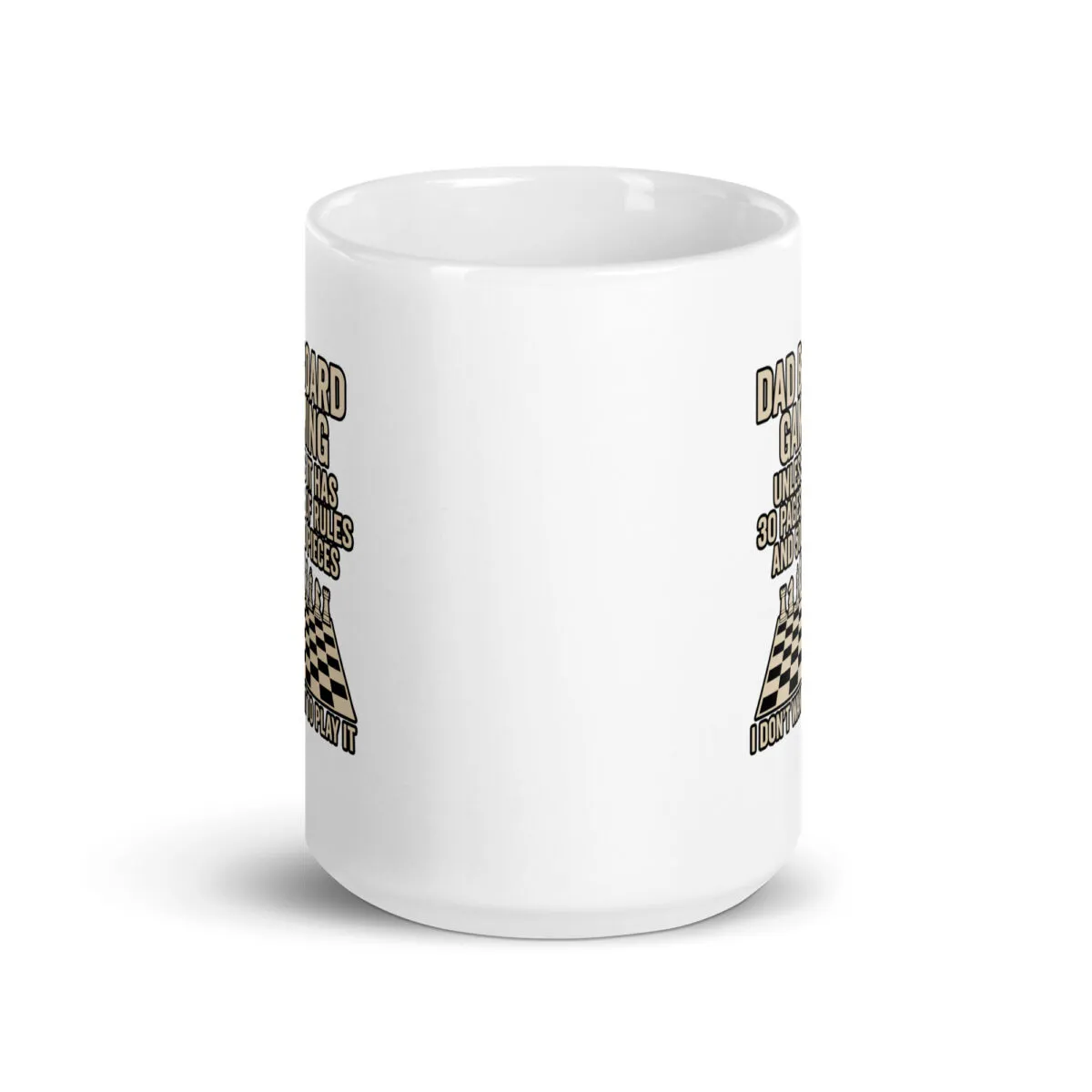 White mug with humorous chess-themed text.