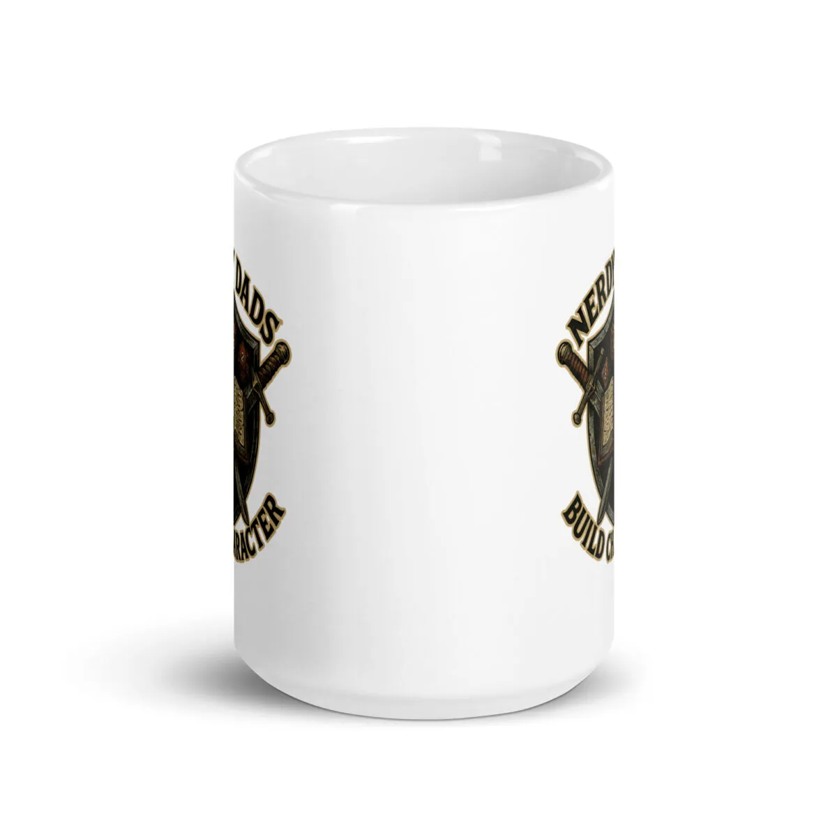 White mug with shield and sword design.