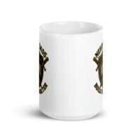 White mug with shield and sword design.