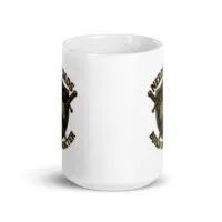 White mug with shield and sword design.