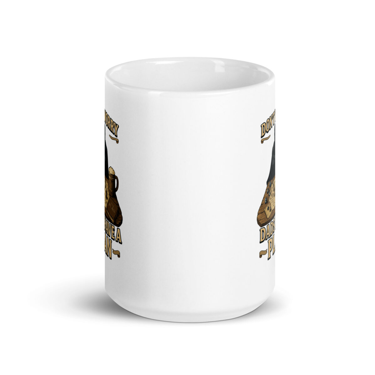 White mug with humorous dad-themed design.
