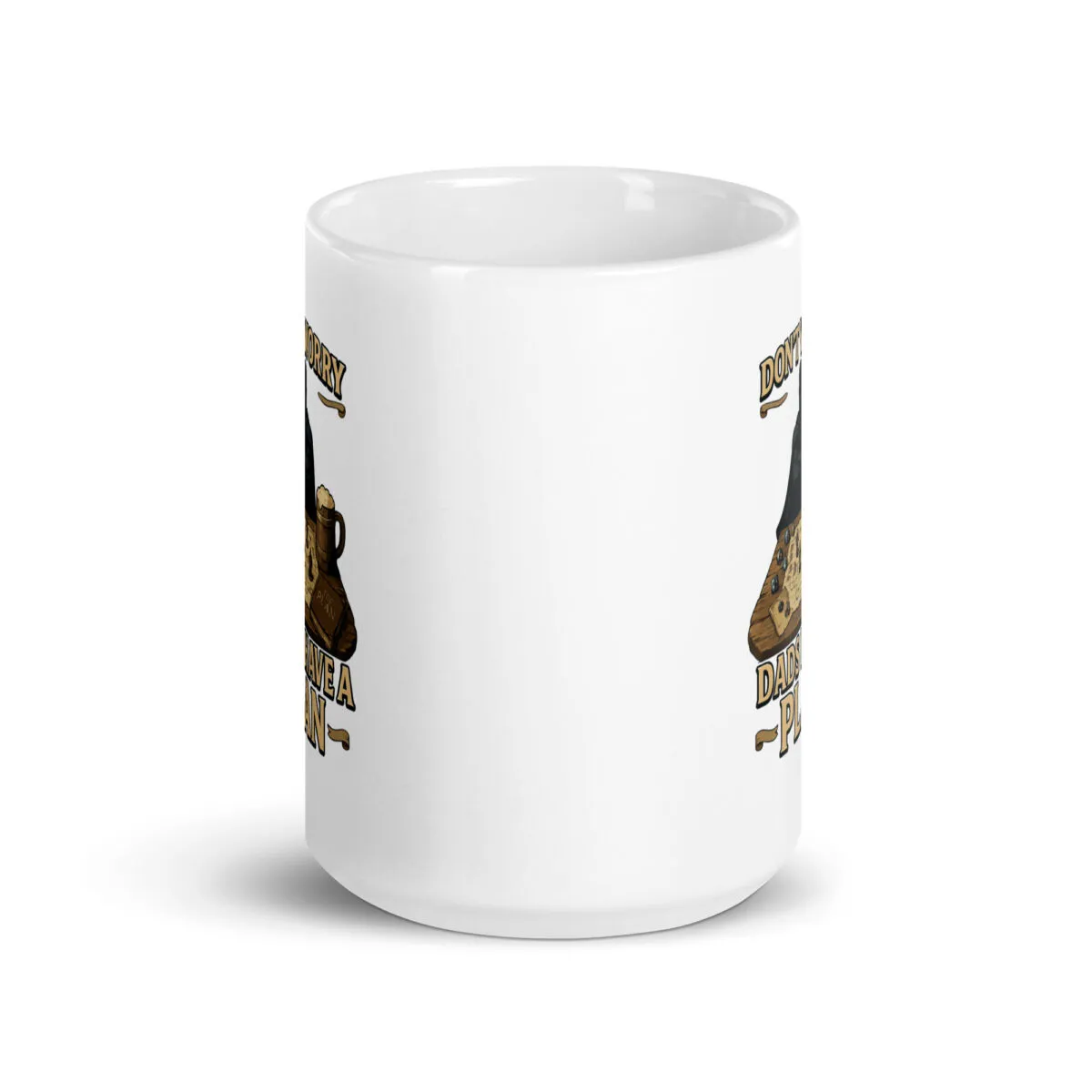 White mug with humorous dad-themed design.