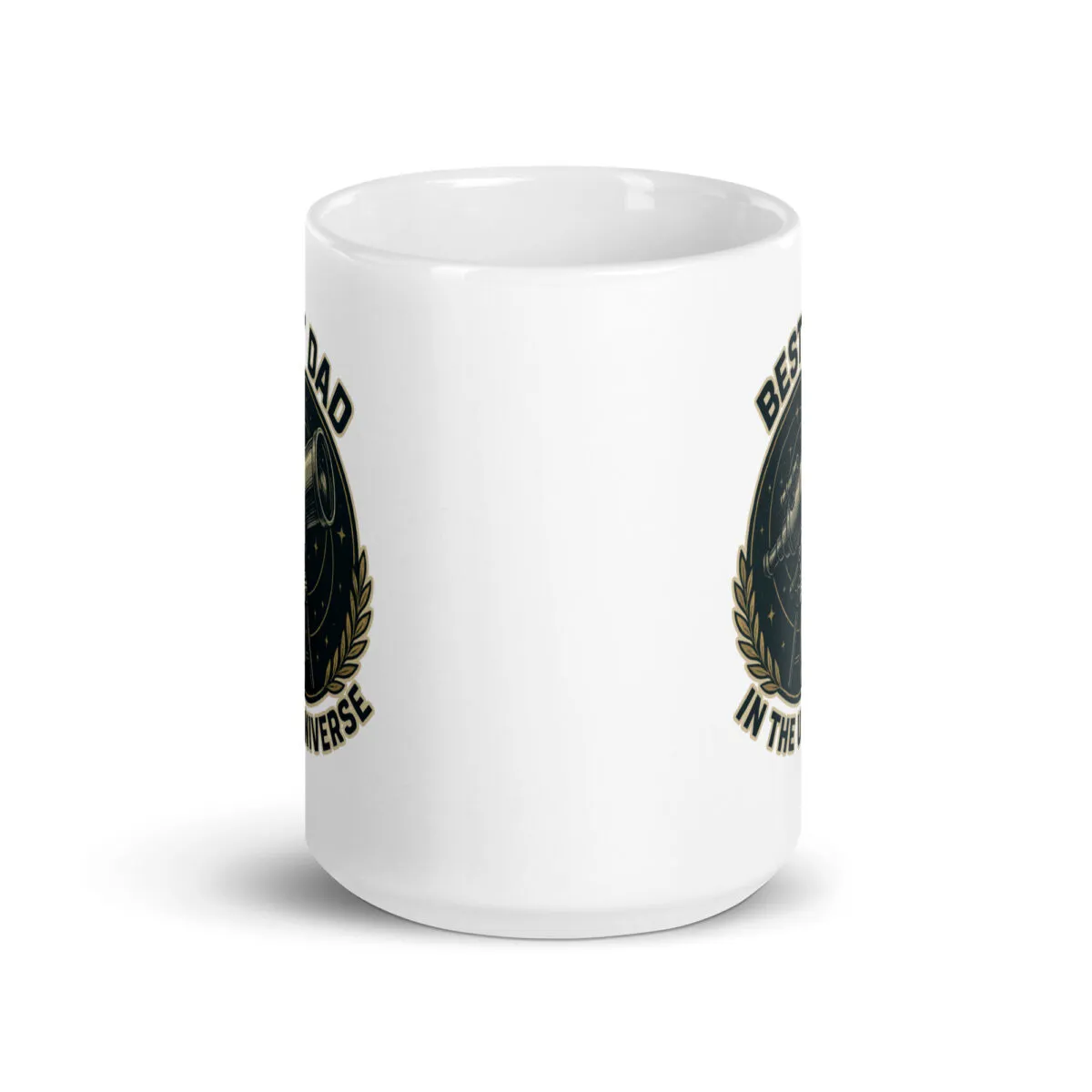 White mug with 'Best Dad in the Universe' design.