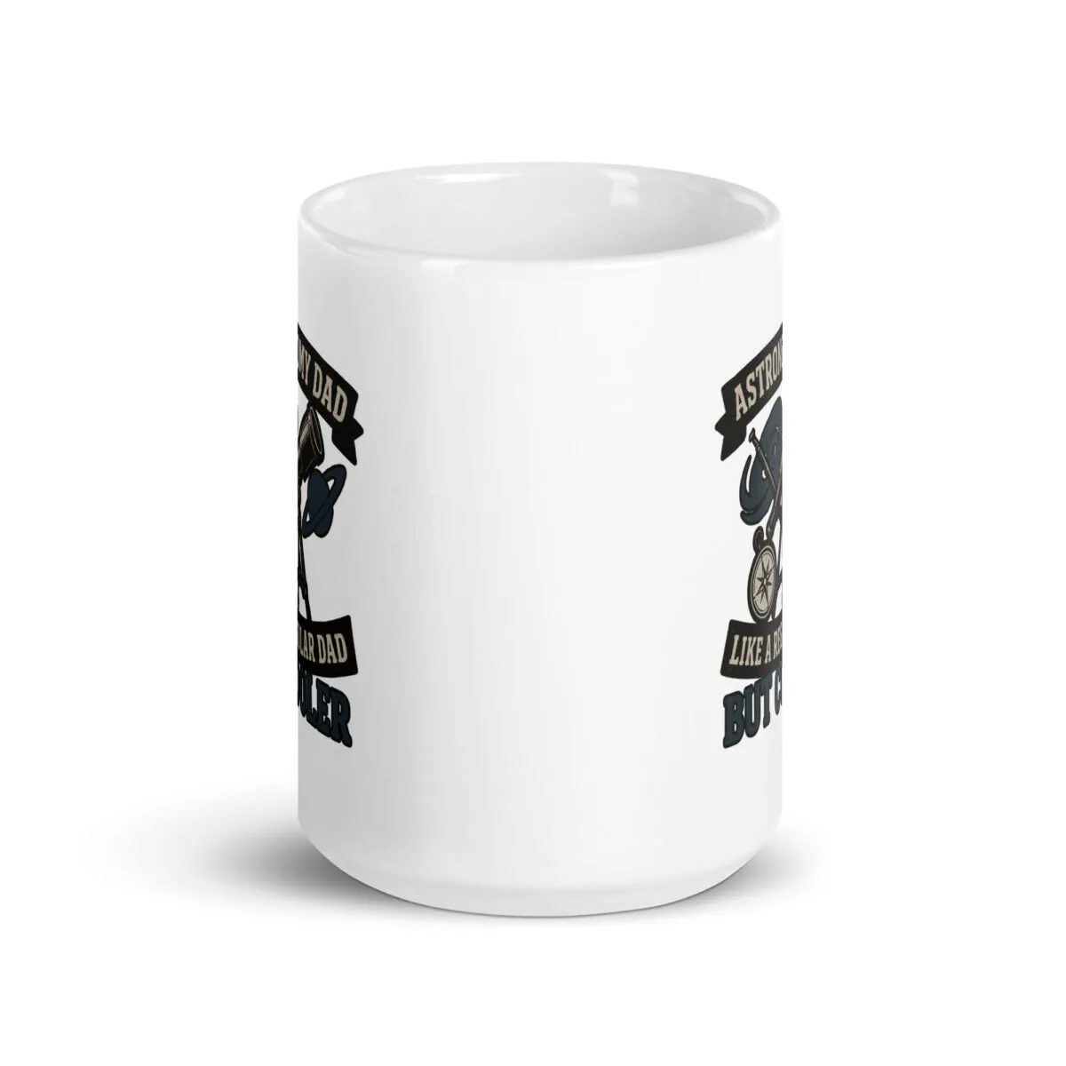 White mug with humorous astronaut dad design