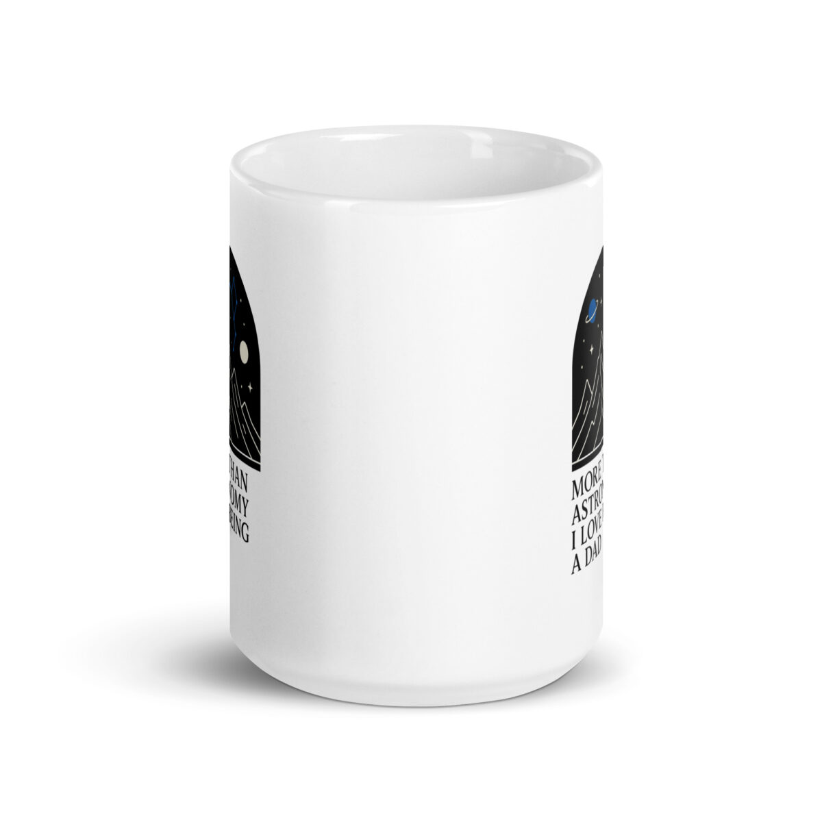 White mug with space-themed design and text
