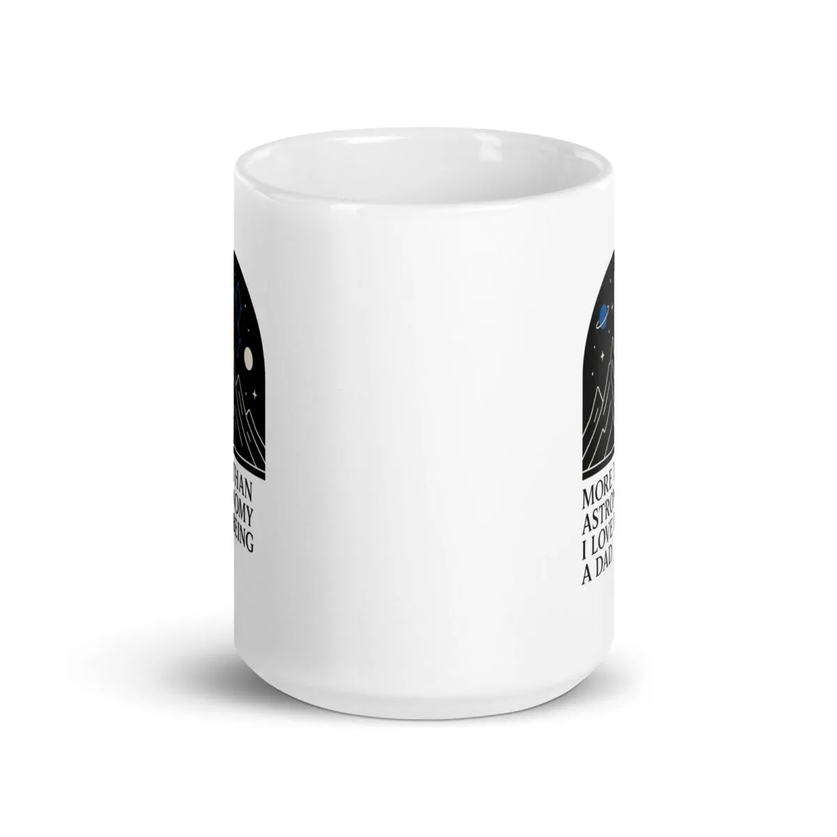 White mug with space-themed design and text