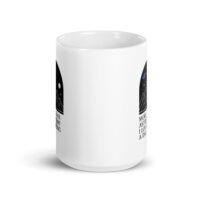 White mug with space-themed design and text