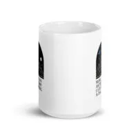 White mug with space-themed design and text
