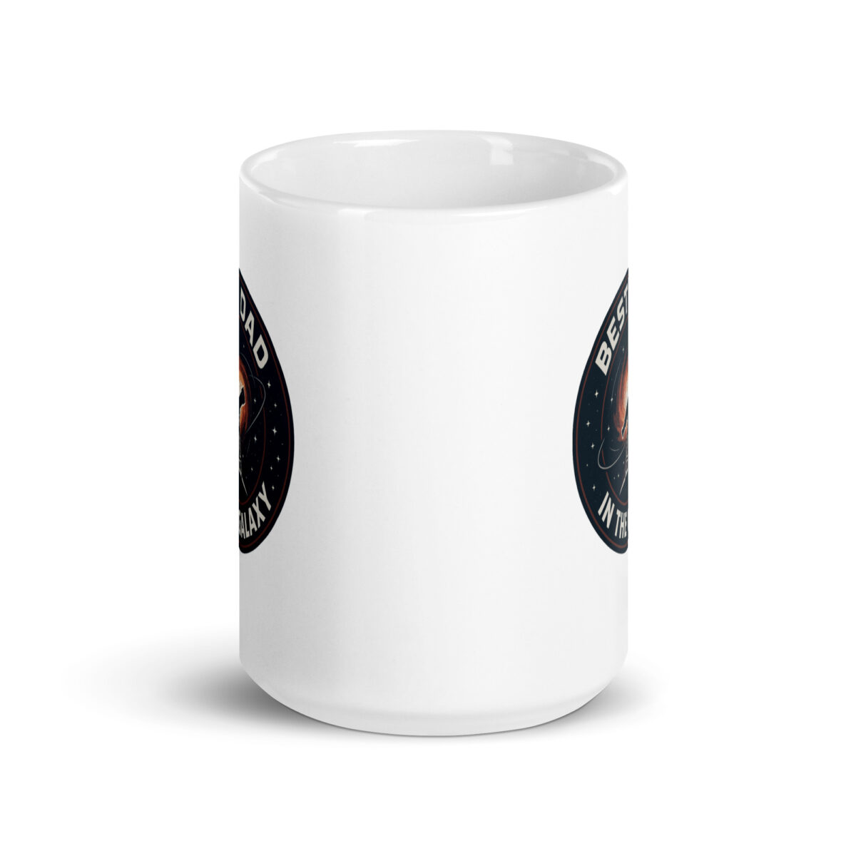White mug with space-themed design.
