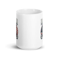 Motorcycle themed mug with American flag design.