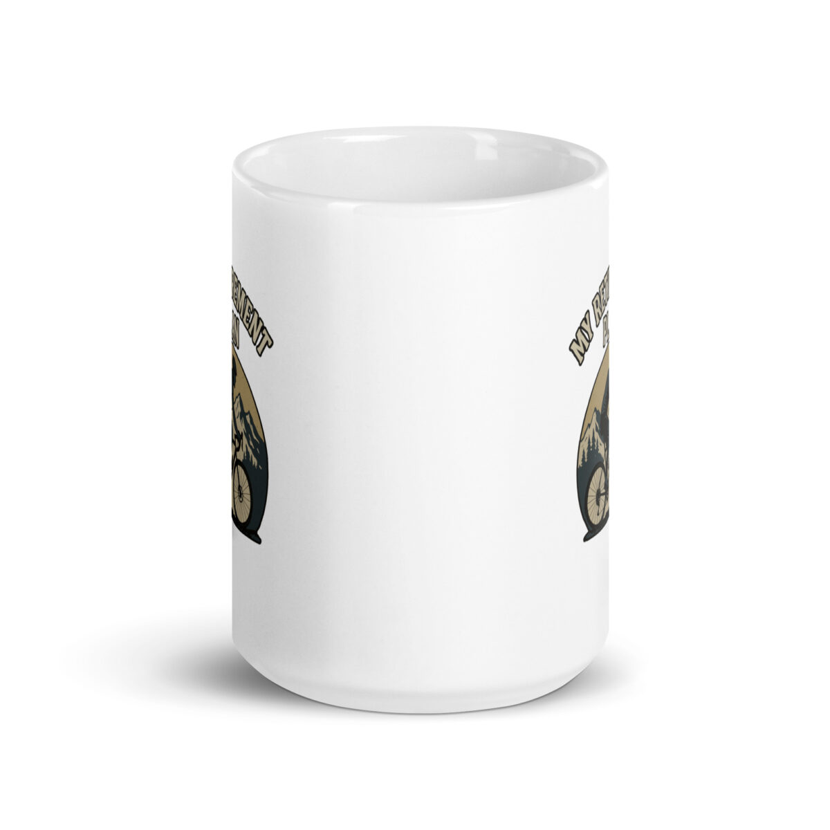 White mug with motorcycle and mountain design