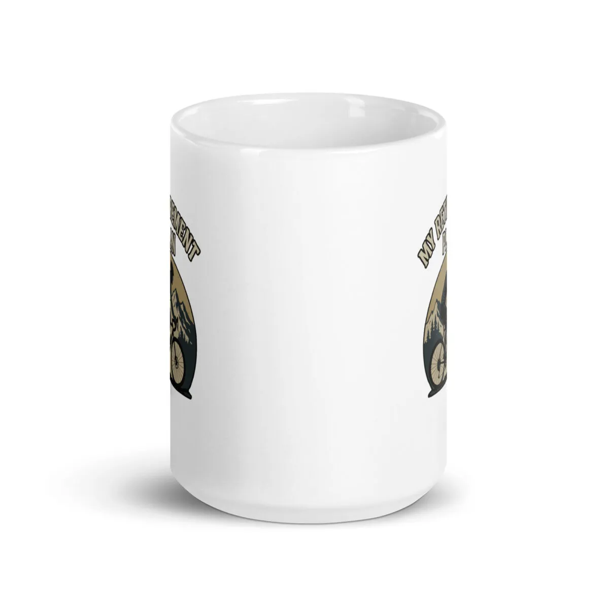 White mug with motorcycle and mountain design