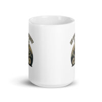 White mug with motorcycle and mountain design
