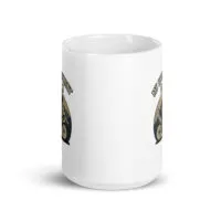 White mug with motorcycle and mountain design