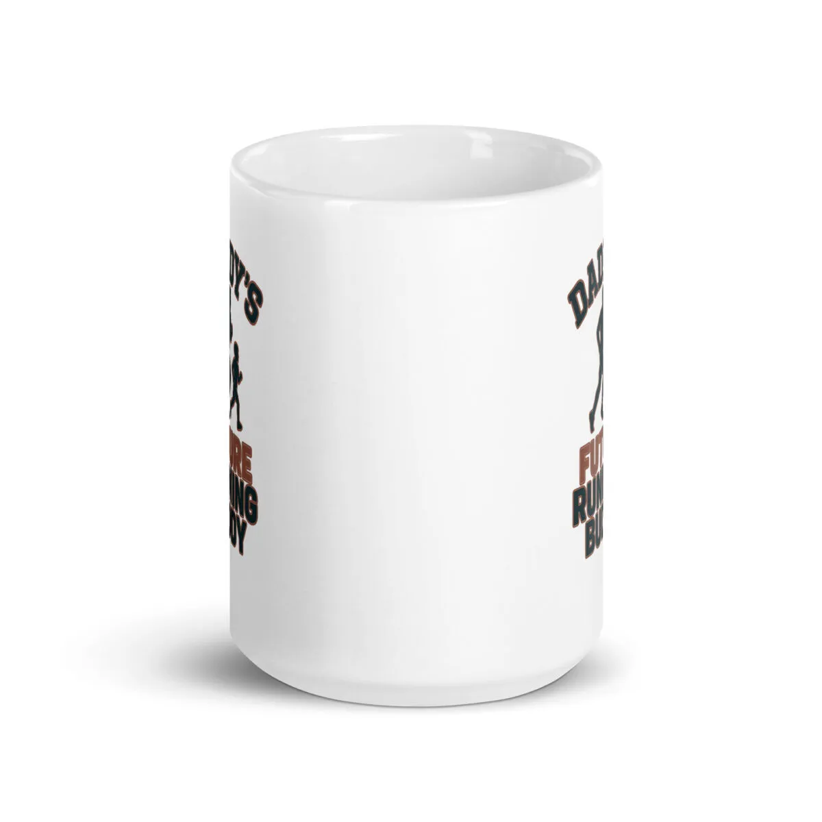 White mug with running themed design