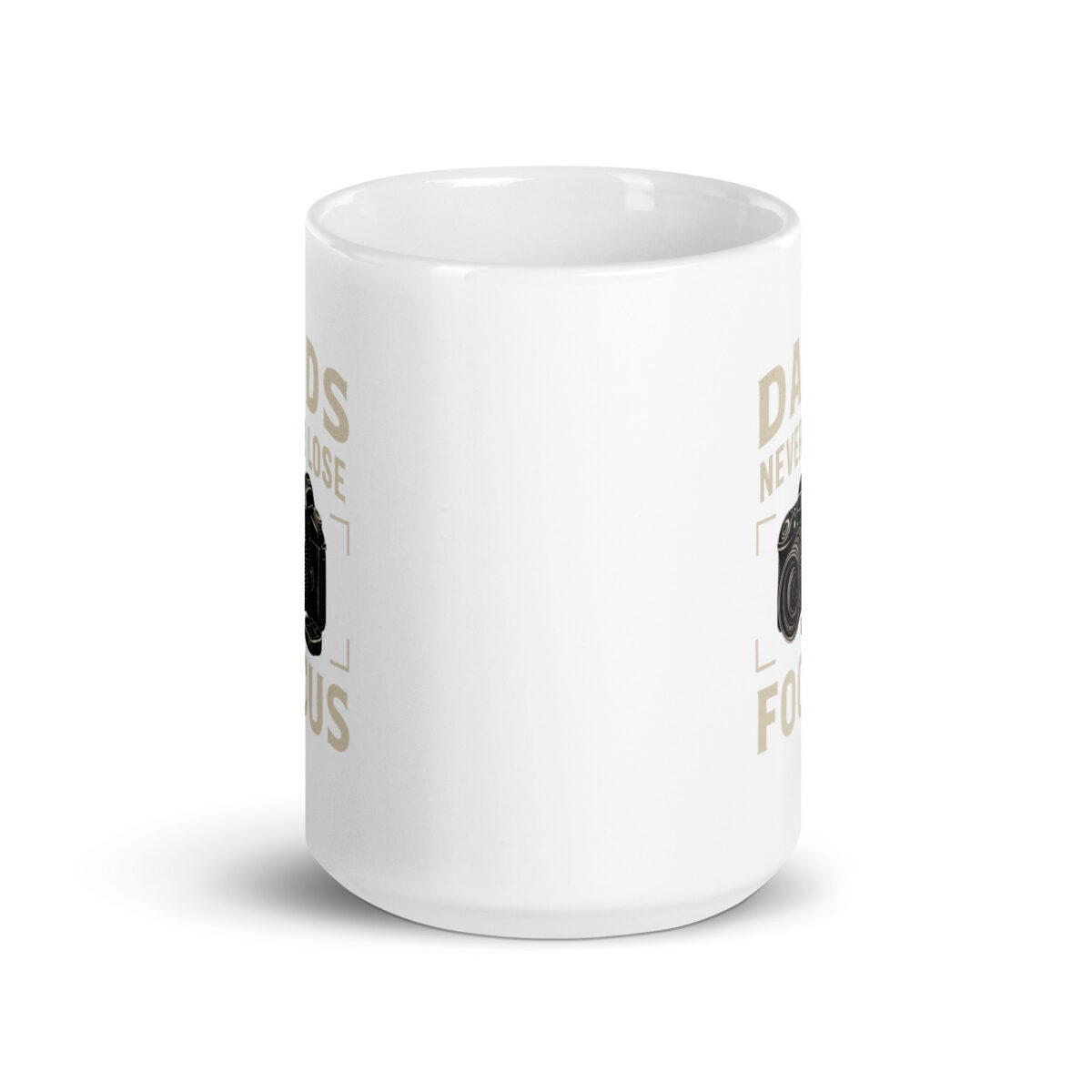 White mug with camera graphic and text