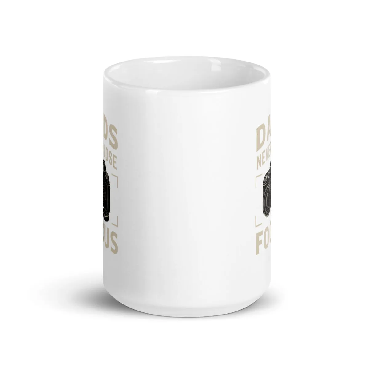 White mug with camera graphic and text