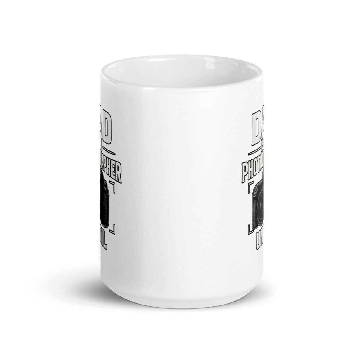 White mug with camera design and text.