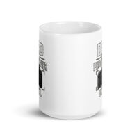 White mug with camera design and text.