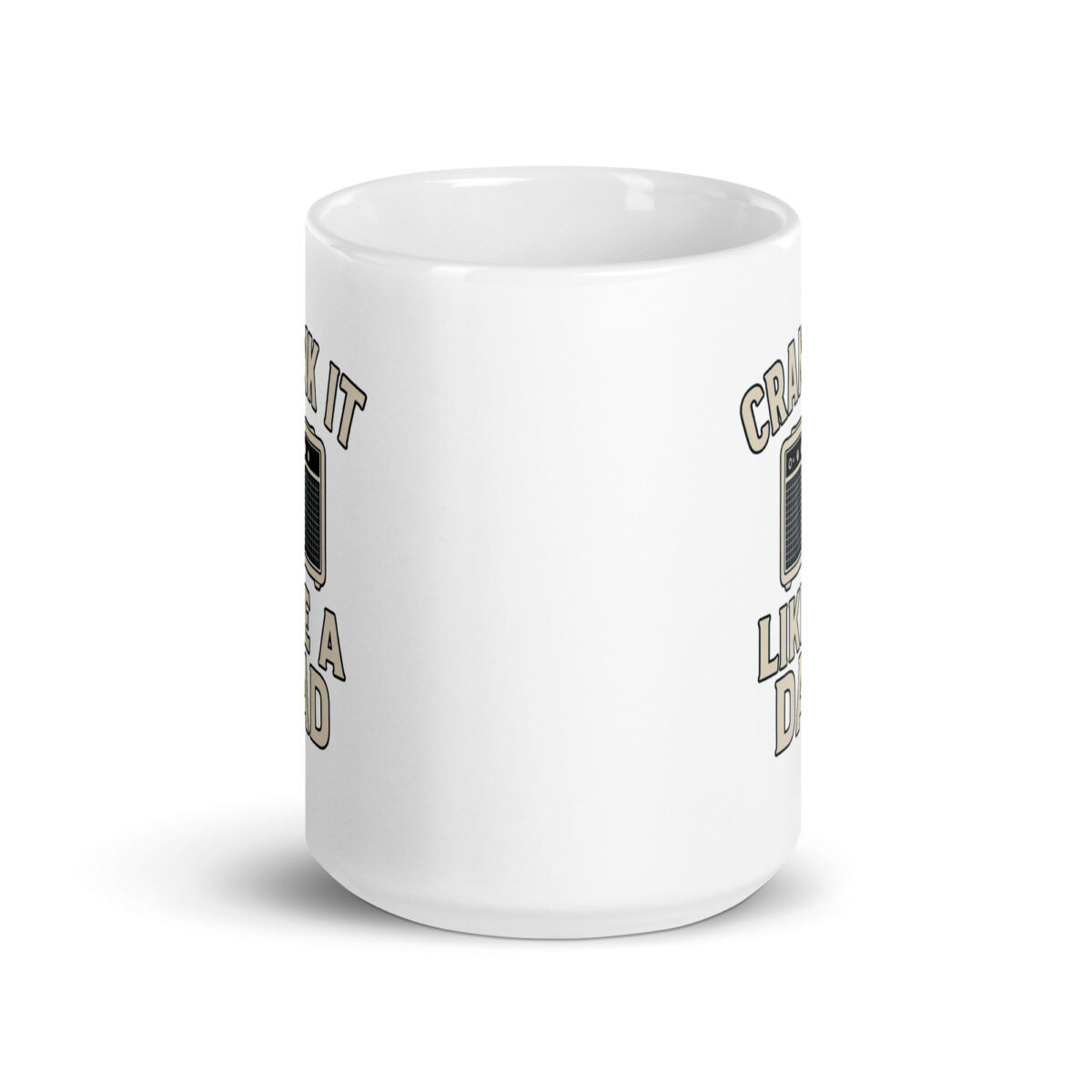 White mug with amp design and text