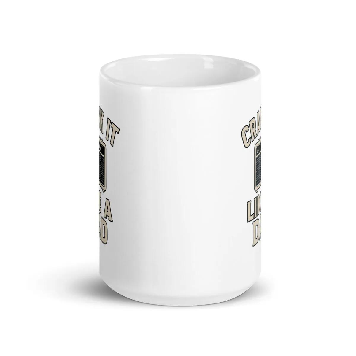 White mug with amp design and text