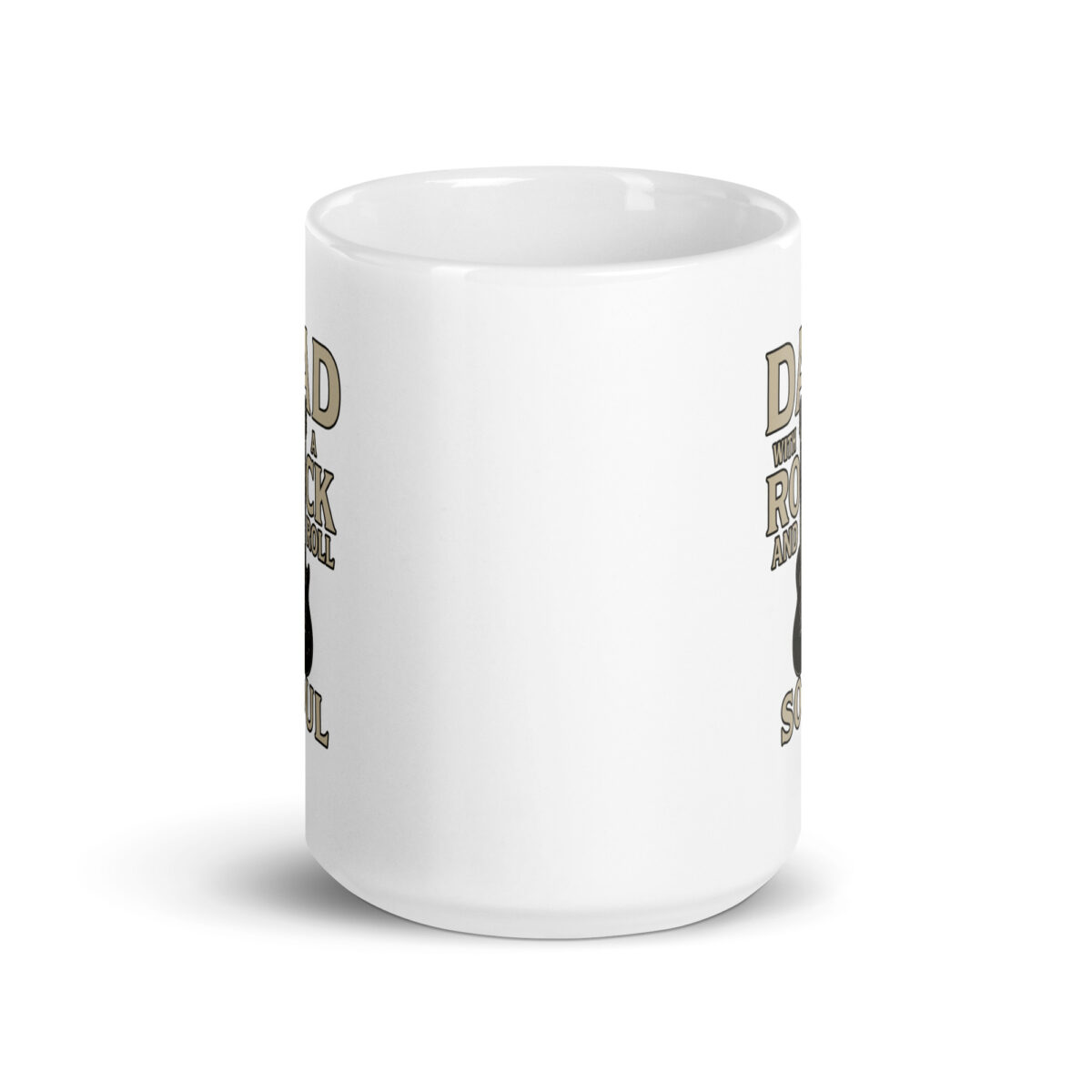 White mug with rock and soul graphic design.