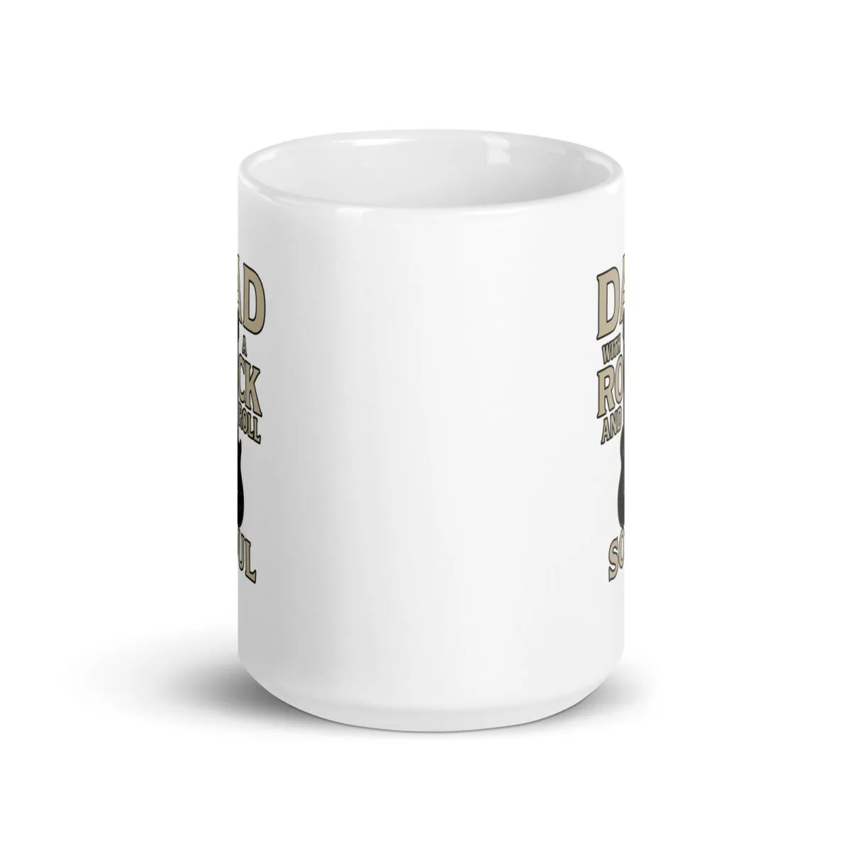 White mug with rock and soul graphic design.