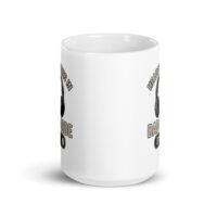 White mug with headphones design and text