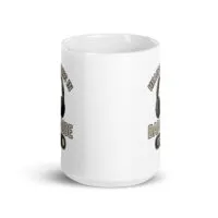 White mug with headphones design and text
