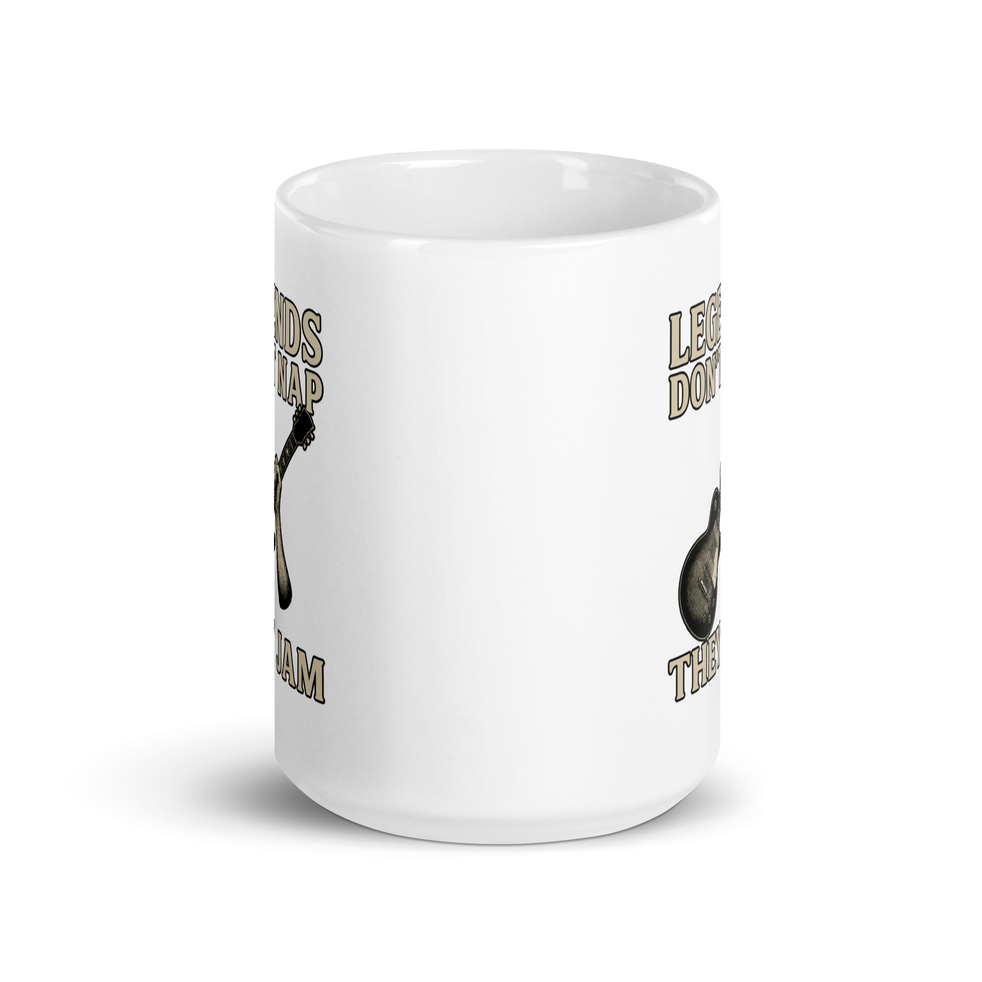 white-glossy-mug-white-15-oz-front-view-68f1e375ae315.jpg White mug with guitar and 'Legends Don't Nap' text.