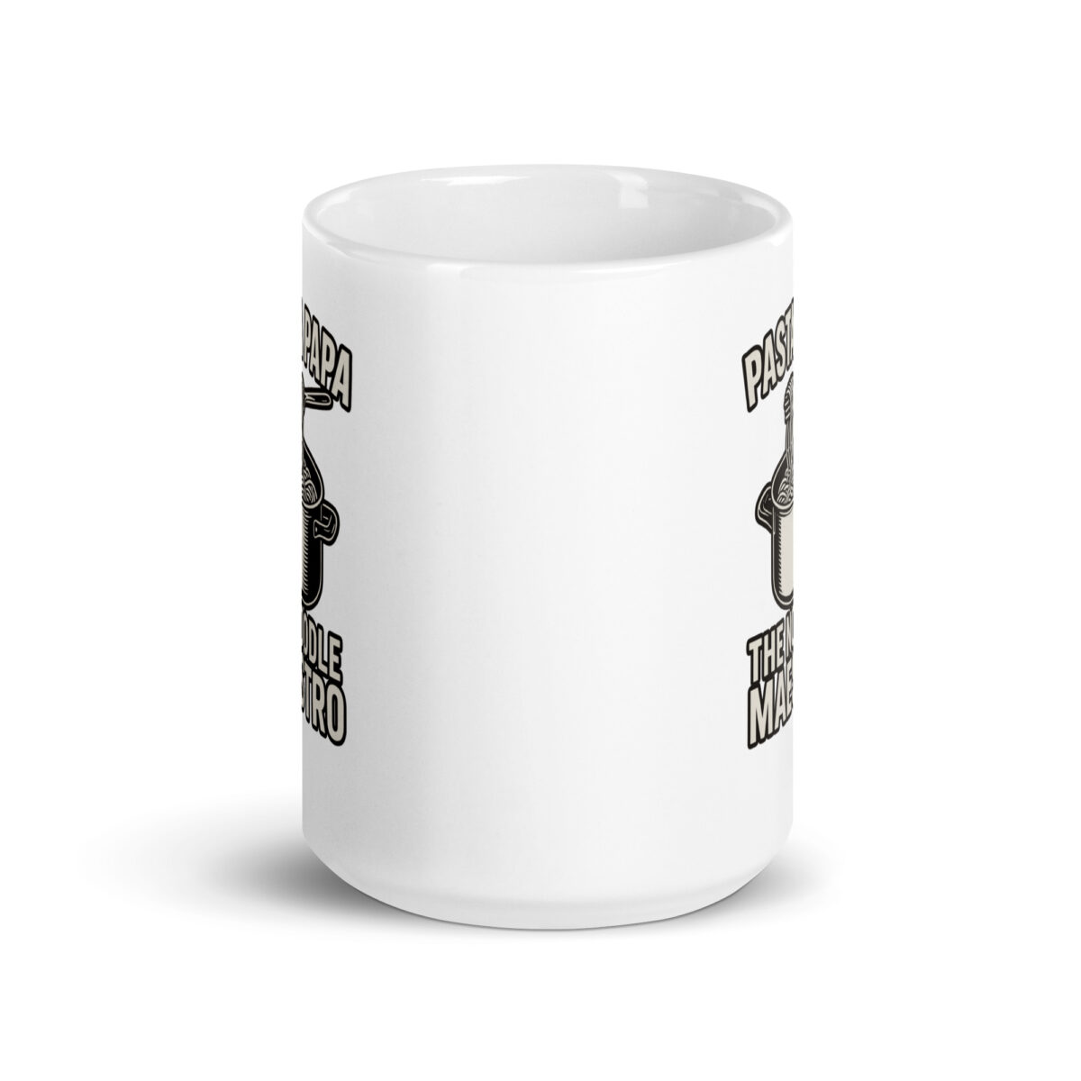 White mug with pasta pot design and text.