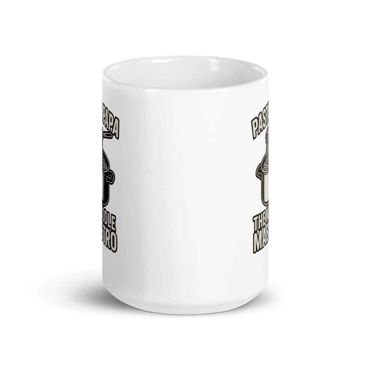 White mug with pasta pot design and text.