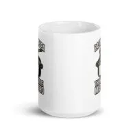 White mug with pasta pot design and text.