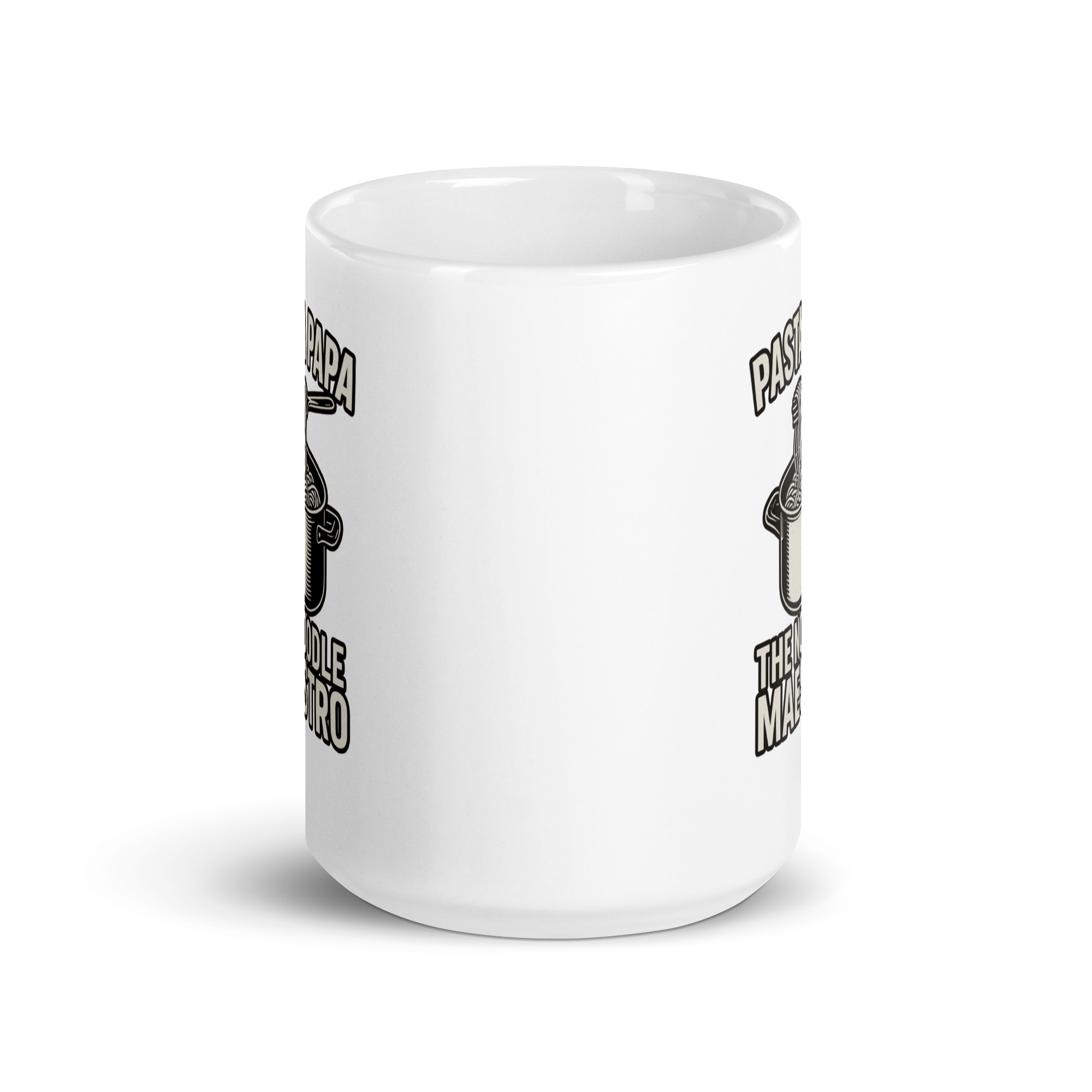 white-glossy-mug-white-15-oz-front-view-68f1ff4c8af44.jpg White mug with pasta pot design and text.