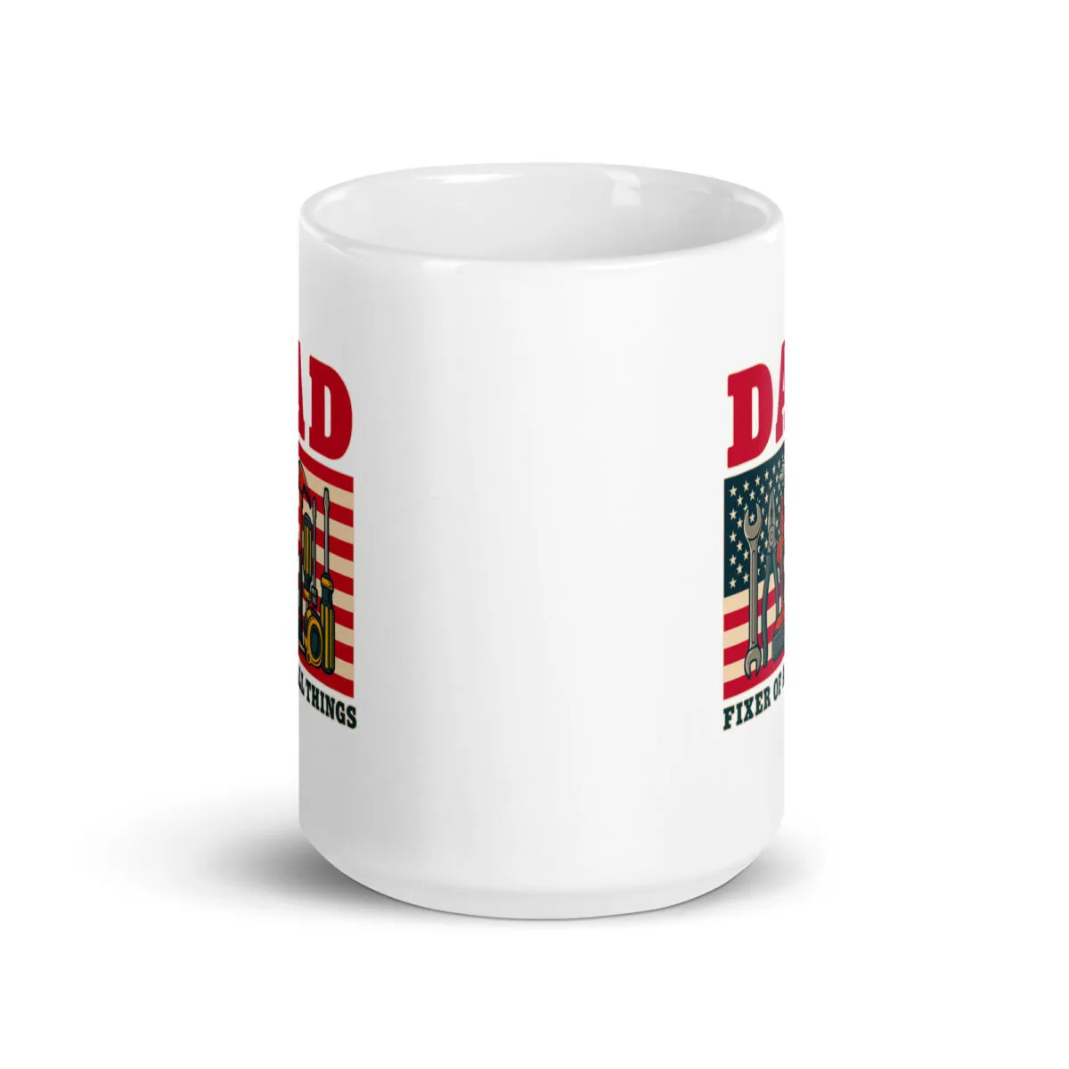 Dad-themed mug with tools and American flag design.