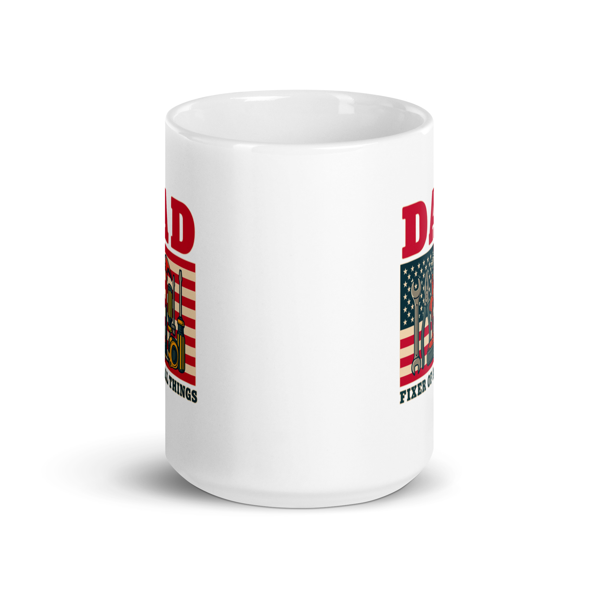 white-glossy-mug-white-15-oz-front-view-68f20af9ca0be.jpg Dad-themed mug with tools and American flag design.