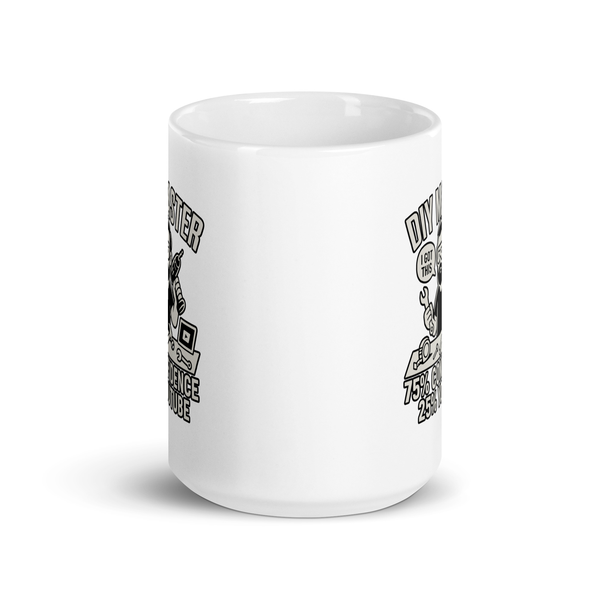 white-glossy-mug-white-15-oz-front-view-68f5bed238d65.jpg White mug with humorous DIY enthusiast design.