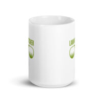 White mug with green lawnmower graphic