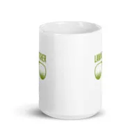 White mug with green lawnmower graphic