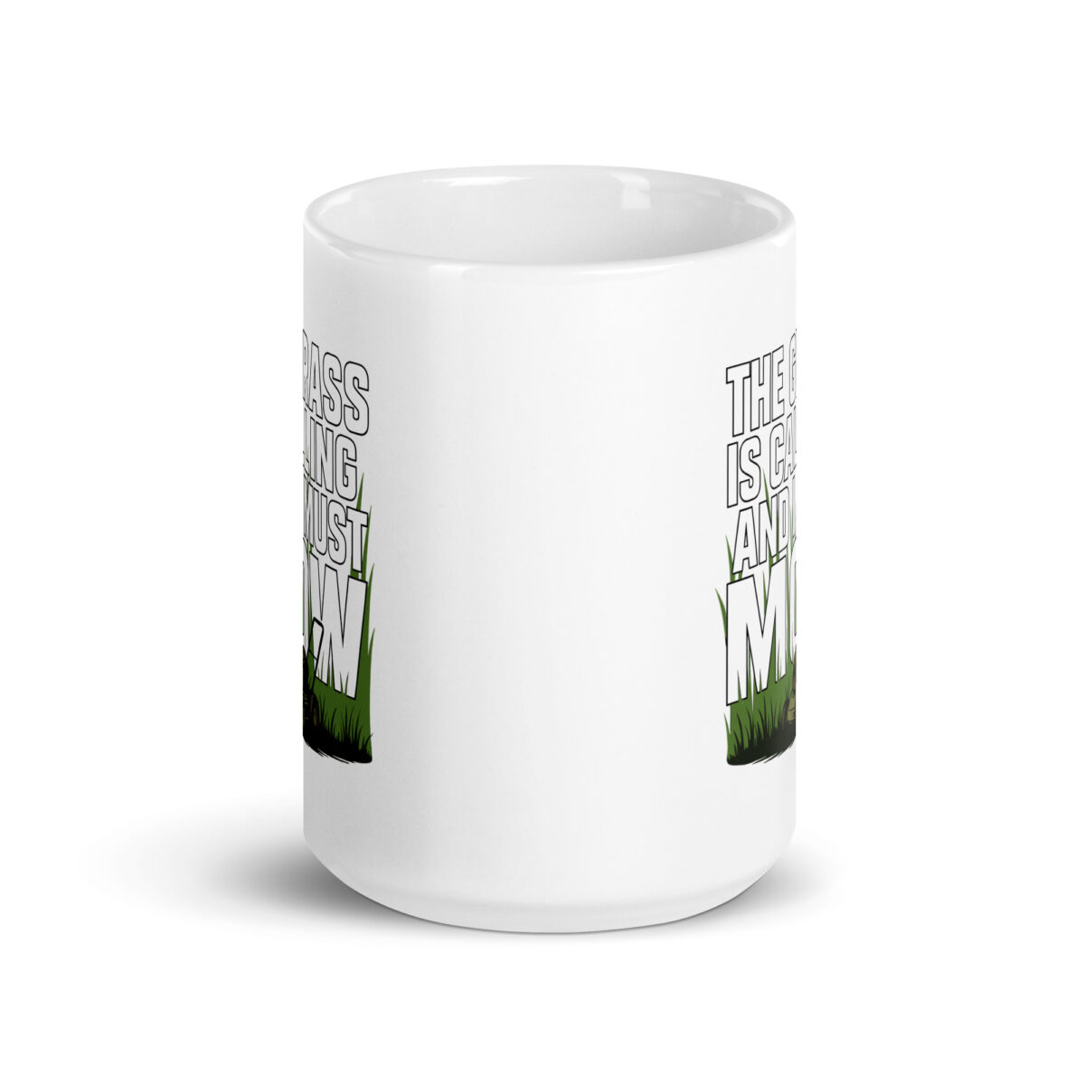 White mug with humorous grass mowing design.