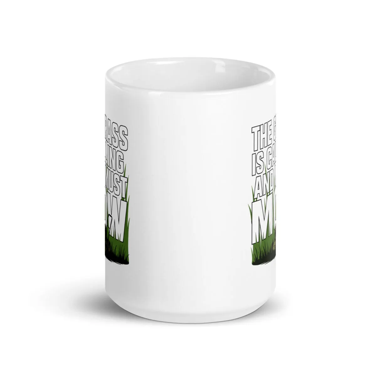 White mug with humorous grass mowing design.