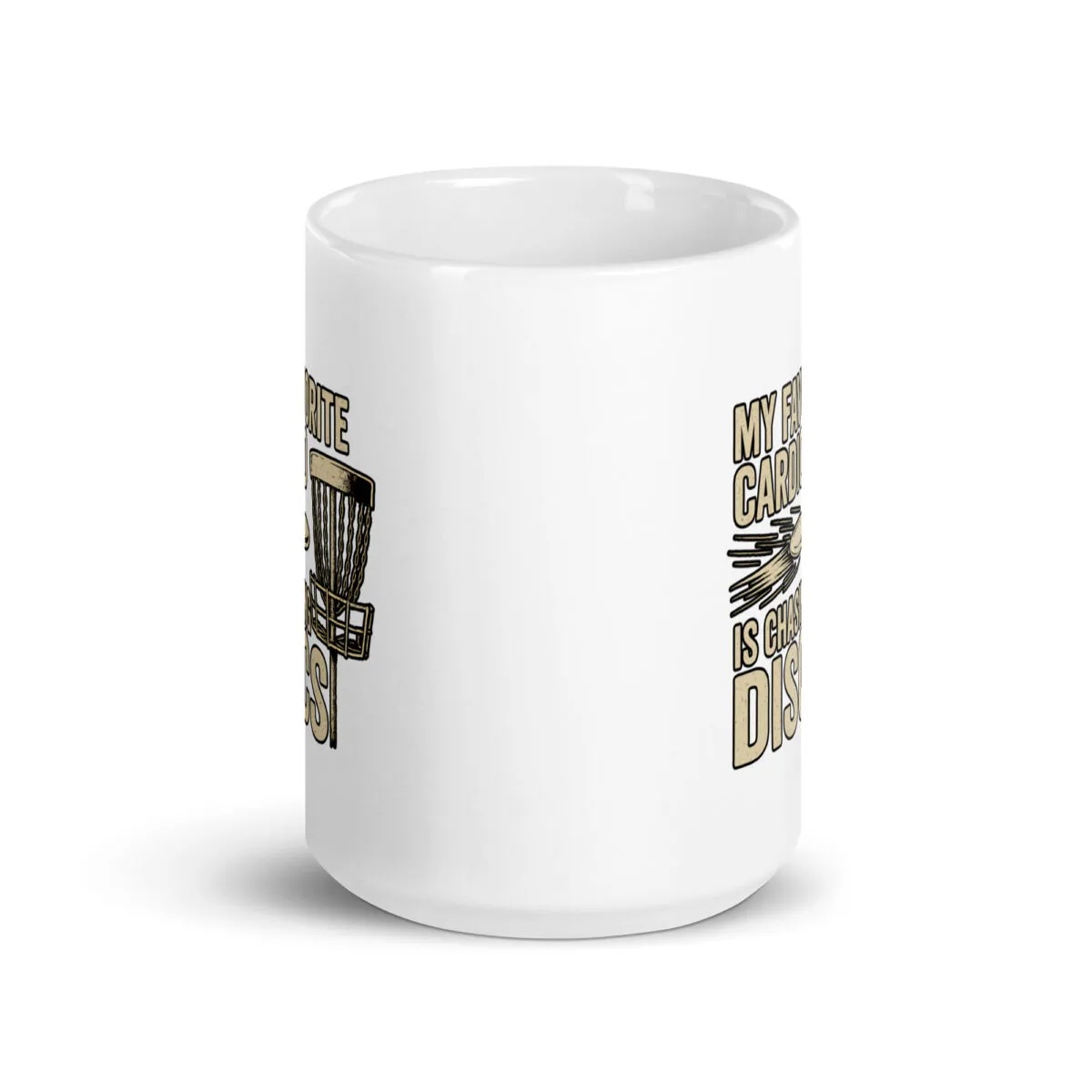 White mug with disc golf design.