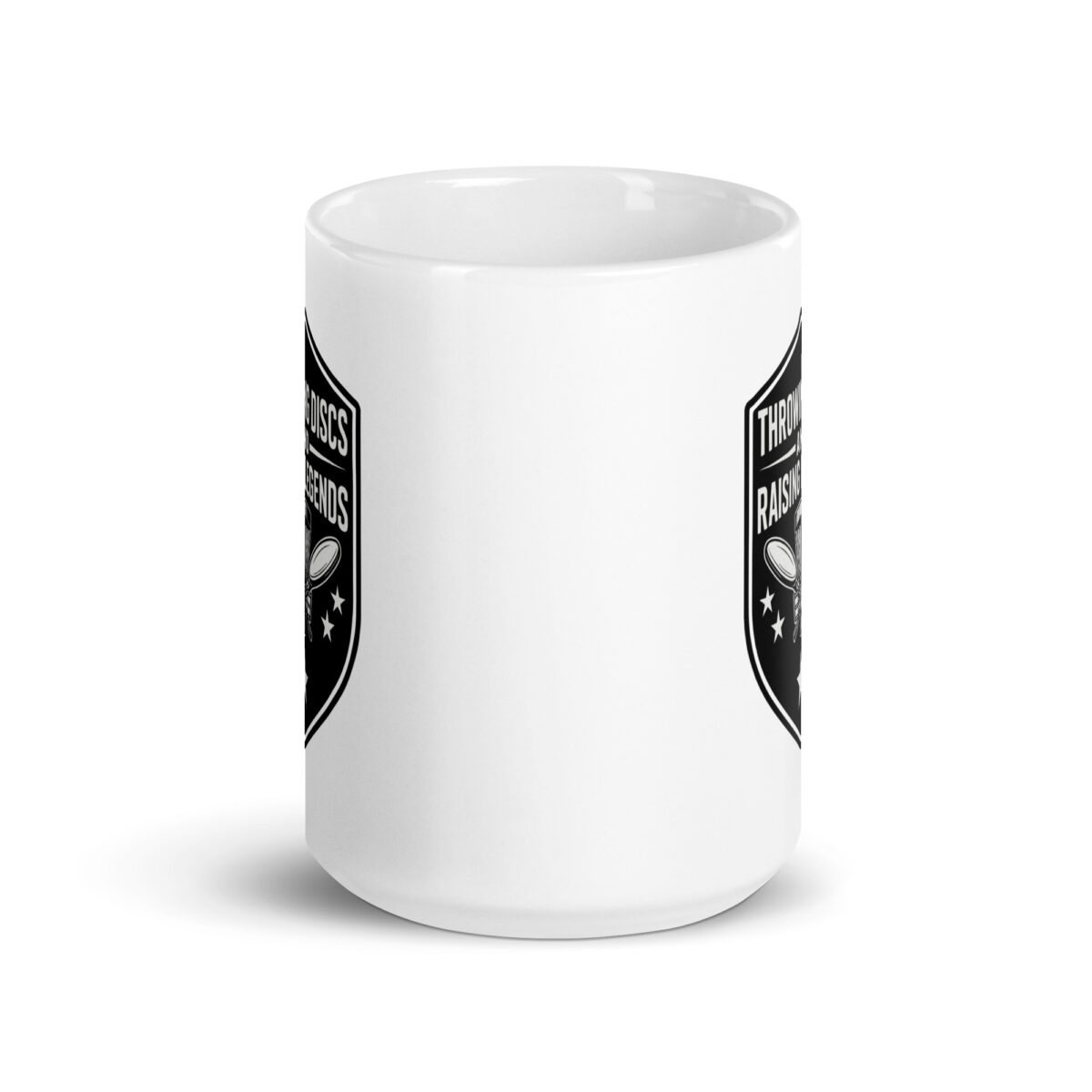 White ceramic mug with black disc golf design
