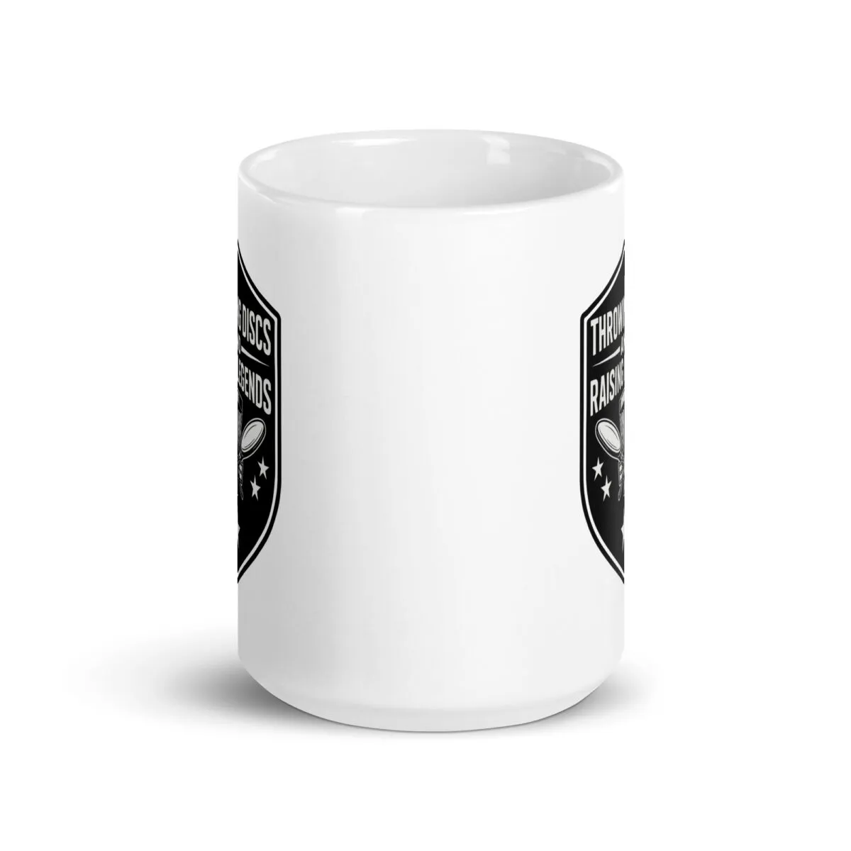 White ceramic mug with black disc golf design