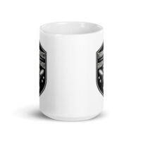 White ceramic mug with black disc golf design
