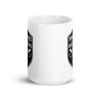 White ceramic mug with black disc golf design