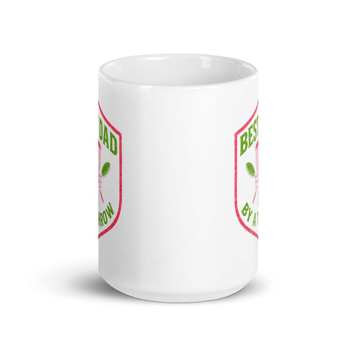 White mug with gardening-themed graphic design